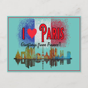 Cartes Pour Fêtes Annuelles Salutations de Paris Skyline French Flag Souvenir