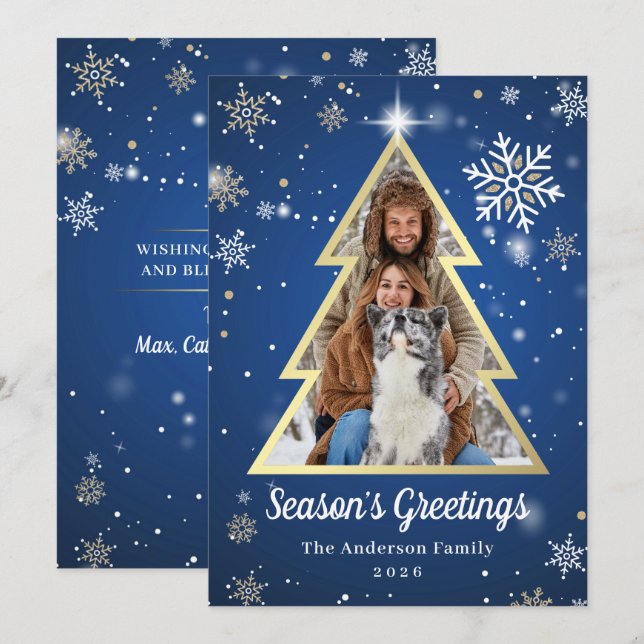 Cartes Pour Fêtes Annuelles Salutations de saison Blue Gold Christmas Tree pho (Devant / Derrière)