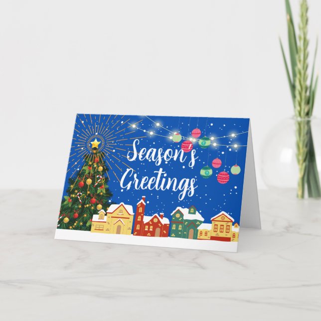 Cartes Pour Fêtes Annuelles Salutations de saison Village de neige et arbre dé (Devant)