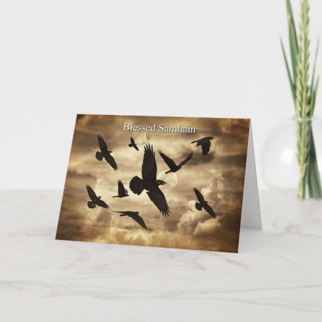 Cartes Pour Fêtes Annuelles Samhain avec Ravens et Poème (Devant)