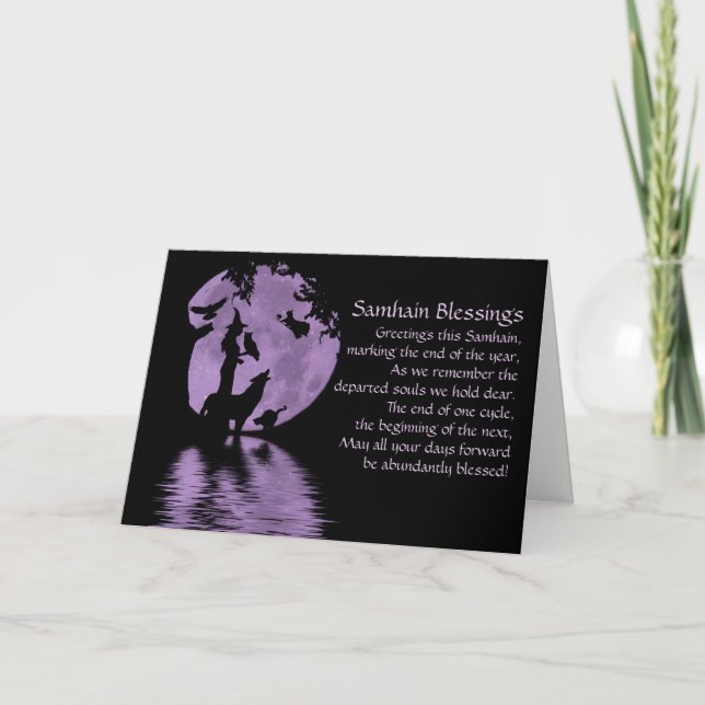 Cartes Pour Fêtes Annuelles Samhain Blessings Witch Wolf Raven Owl (Devant)