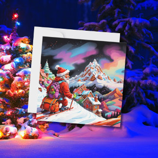 Cartes Pour Fêtes Annuelles Santa au-dessus de la vallée faisant du ski Noël