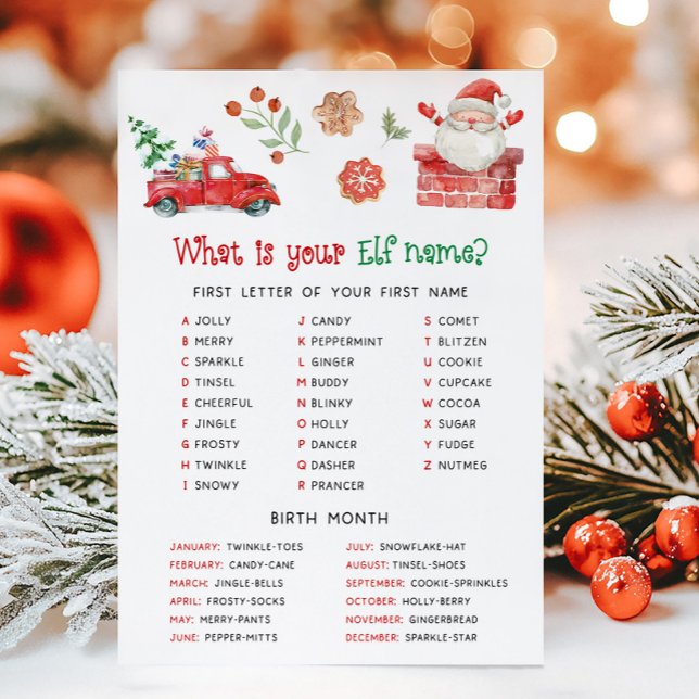 Cartes Pour Fêtes Annuelles Santa Christmas What is your Elf Name Game (Christmas Party Game )