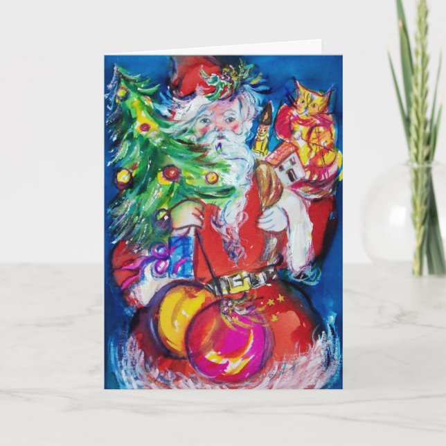 CARTES POUR FÊTES ANNUELLES SANTA CLAUS AVEC ARBRE DE NOËL ET CADEAUX (Devant)