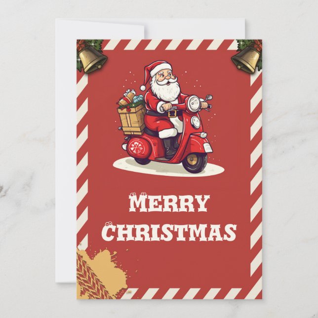 Cartes Pour Fêtes Annuelles Santa Claus chevauchant un scooter (Devant)