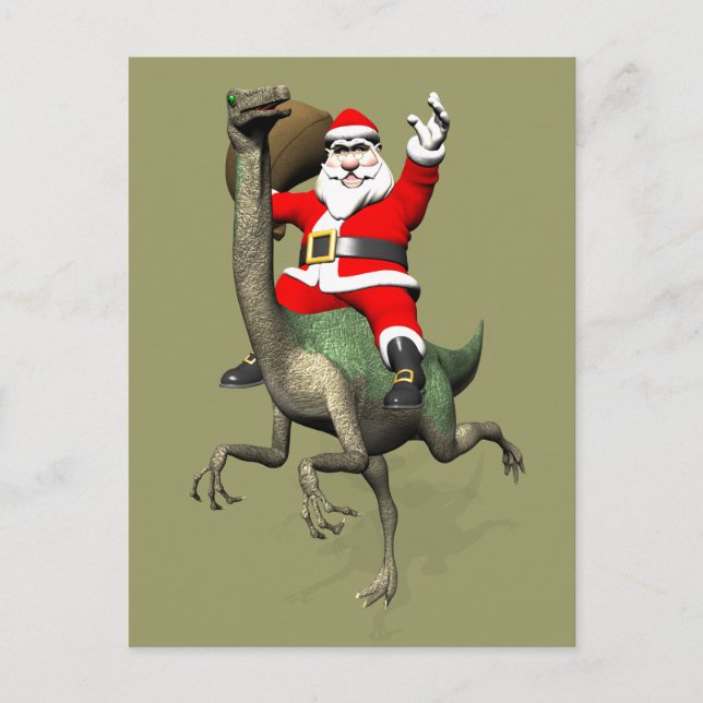 Cartes Pour Fêtes Annuelles Santa Claus Circulant Sur Gallimimus (Devant)