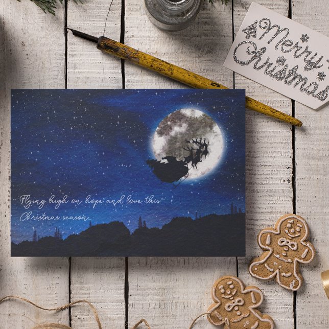 Cartes Pour Fêtes Annuelles Santa Claus De Nuit Starry Volant Avec Reindeer (Front)