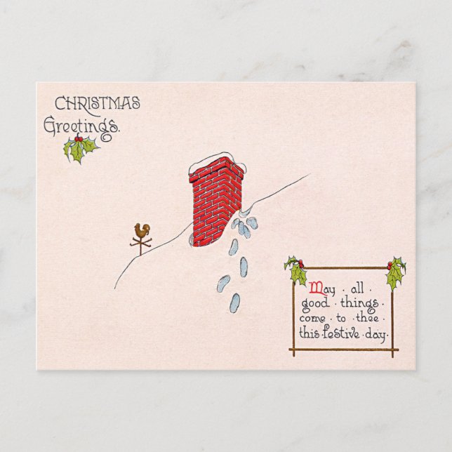 Cartes Pour Fêtes Annuelles Santa Claus Empreintes Chimney Neige Weathervane (Devant)