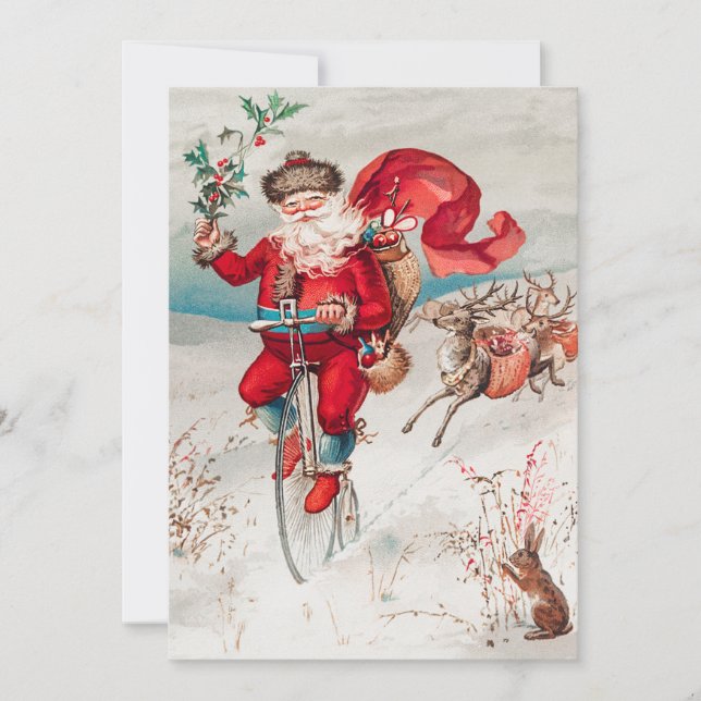 Cartes Pour Fêtes Annuelles Santa Claus équitation Vélo, Reindeer et Rabbit (Devant)