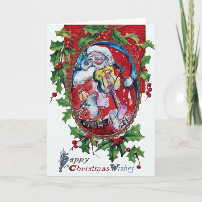 Cartes Pour Fêtes Annuelles SANTA CLAUS JOUER VIOLIN Couronne de Noël (Devant)