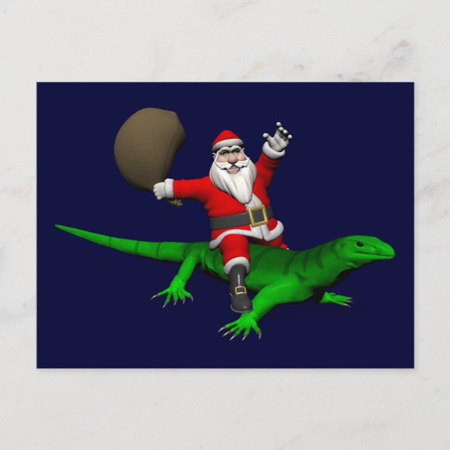 Cartes Pour Fêtes Annuelles Santa Claus Riding Green Lizard (Devant)