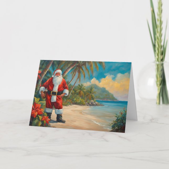 Cartes Pour Fêtes Annuelles Santa Claus sur la plage tropicale (Devant)