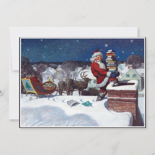 Cartes Pour Fêtes Annuelles Santa delivering armload of books by Wyeth (Devant)