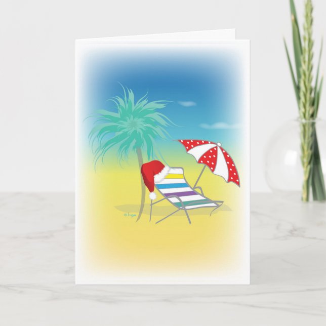 Cartes Pour Fêtes Annuelles Santa Hat, Beach Chair, Umbrella, Palm, Red (Devant)
