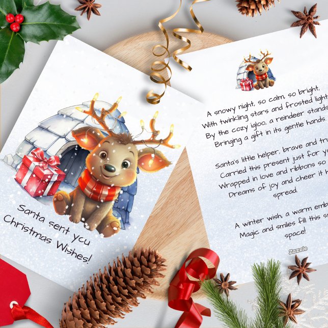 Cartes Pour Fêtes Annuelles Santas Reindeer Rhyme Poème nordique Enfants Noël (Créateur téléchargé)