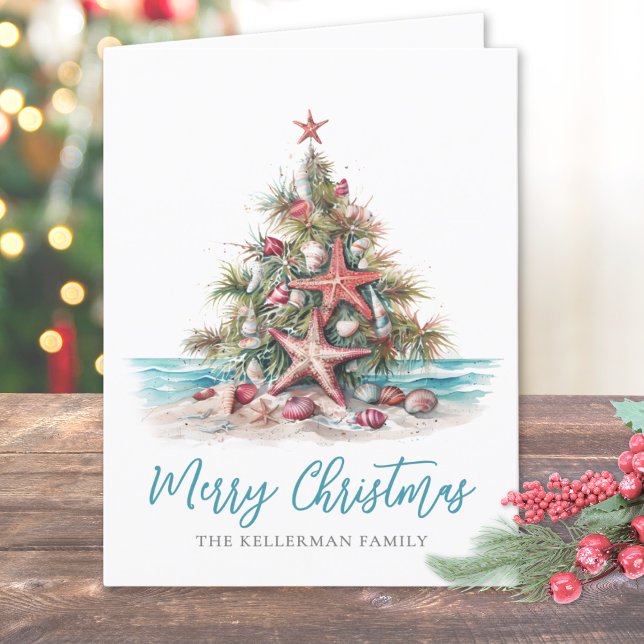 Cartes Pour Fêtes Annuelles Sapin de Noël de plage joyeux (Beach Merry Christmas Tree Holiday Card)
