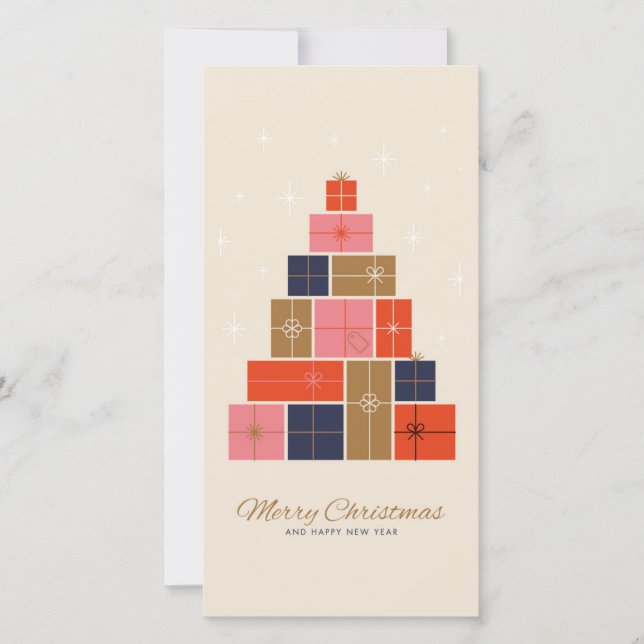 Cartes Pour Fêtes Annuelles Sapin de Noël en Pile de Cadeaux (Devant)