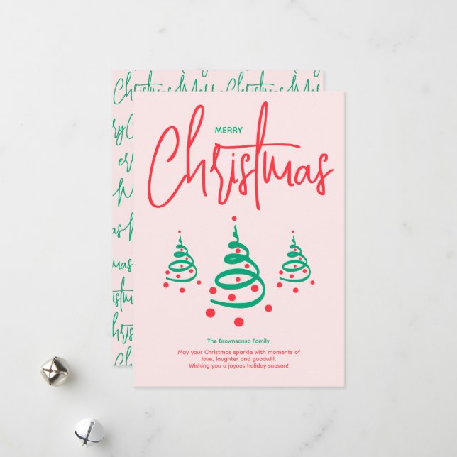 Cartes Pour Fêtes Annuelles Sapin de Noël rose vert élégant (Devant/Arrière en situation)