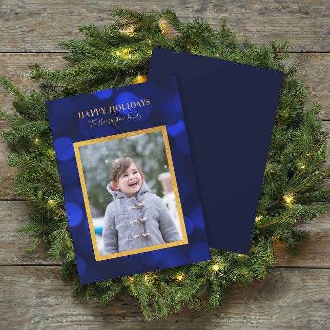 Cartes Pour Fêtes Annuelles Sapphire Blue Bokeh Lights Gold Happy Holidays (Créateur téléchargé)