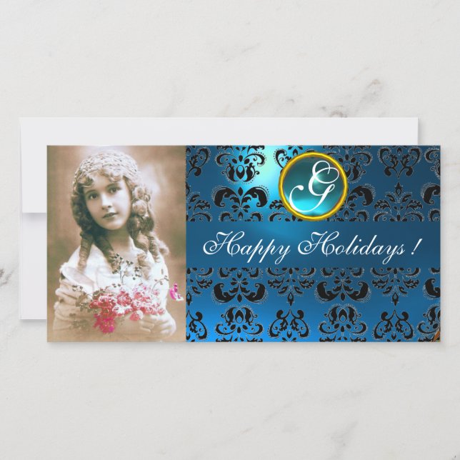 Cartes Pour Fêtes Annuelles Sapphire NOIR ET BLEU DAMASK Monogramme (Devant)