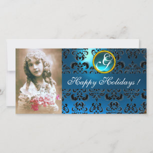 Cartes Pour Fêtes Annuelles Sapphire NOIR ET BLEU DAMASK Monogramme