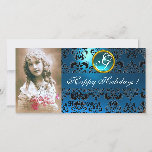 Cartes Pour Fêtes Annuelles Sapphire NOIR ET BLEU DAMASK Monogramme (Devant)