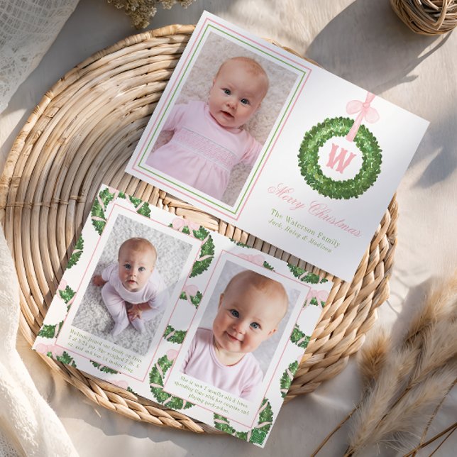 Cartes Pour Fêtes Annuelles Sash rose Bow Noël Monogramme Wreath (Créateur téléchargé)