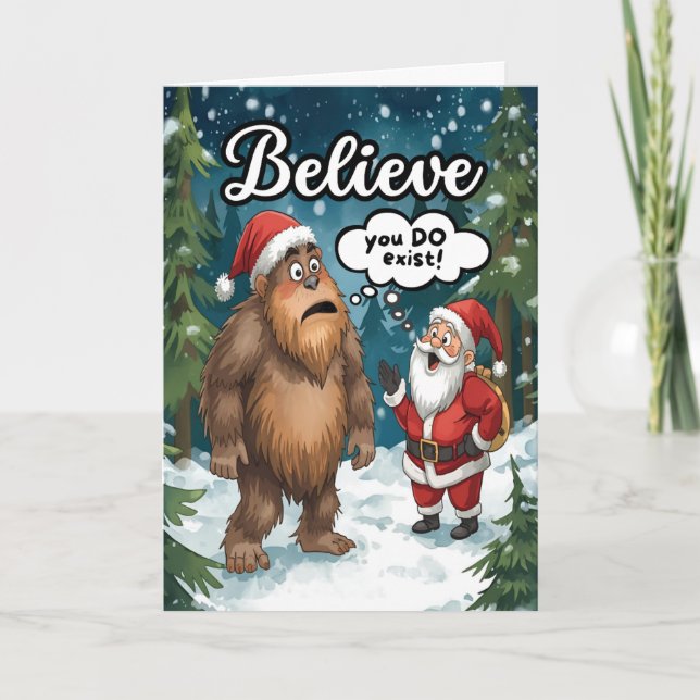 Cartes Pour Fêtes Annuelles Sasquatch Meets Santa Believe Christmas (Devant)