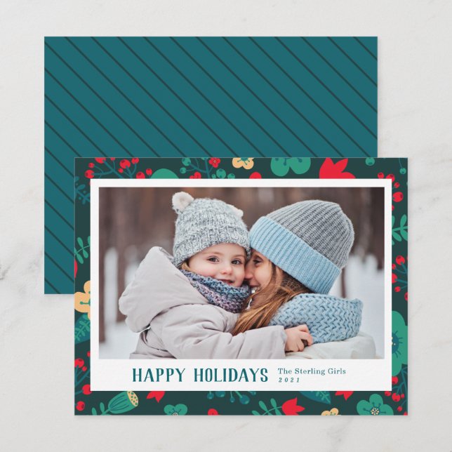 Cartes Pour Fêtes Annuelles Scandi Style Mod Festive Green Family Photo (Devant / Derrière)