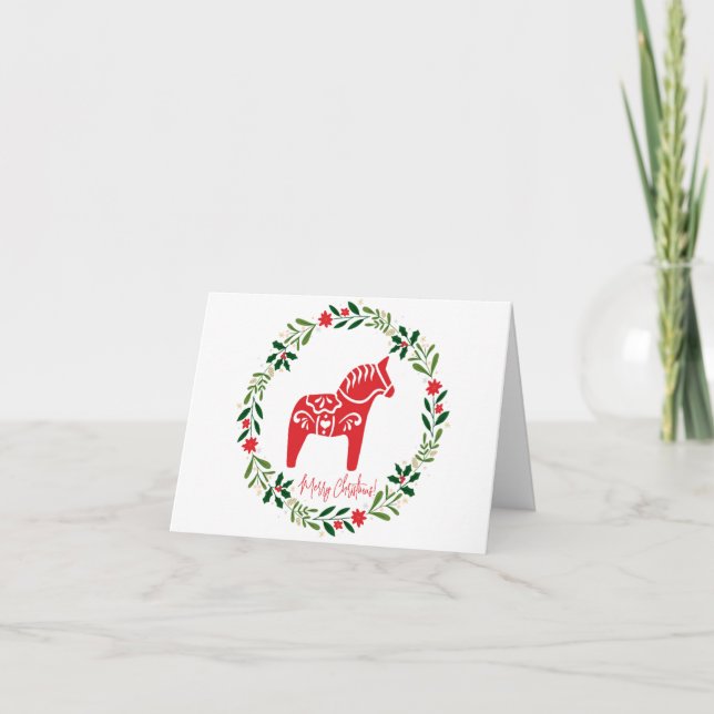 Cartes Pour Fêtes Annuelles Scandinavian Christmas card Dala Horse and wreath (Devant)