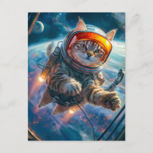 Cartes Pour Fêtes Annuelles Scène d'astronaute chat flottant dans l'espace pro