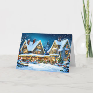 Cartes Pour Fêtes Annuelles Scène de cottage enneigé de Noël en plein hiver fé