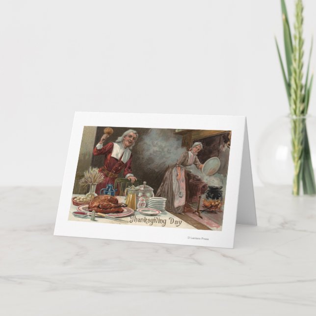 Cartes Pour Fêtes Annuelles Scène de dîner de DayPilgrim de thanksgiving (Devant)