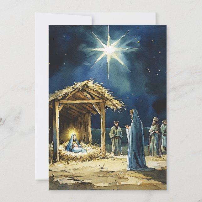 Cartes Pour Fêtes Annuelles Scène de la Nativité à l'aquarelle | Intérieur vie (Devant)
