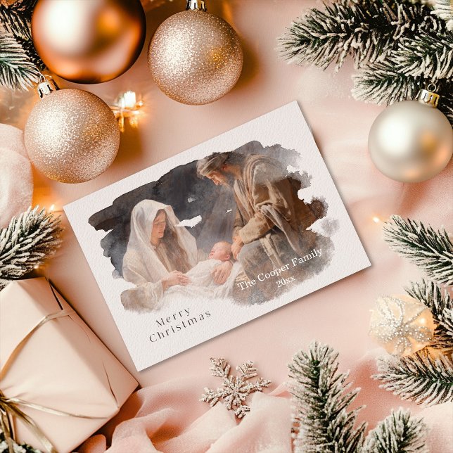 Cartes Pour Fêtes Annuelles Scène de la Nativité à l'aquarelle simple (Créateur téléchargé)