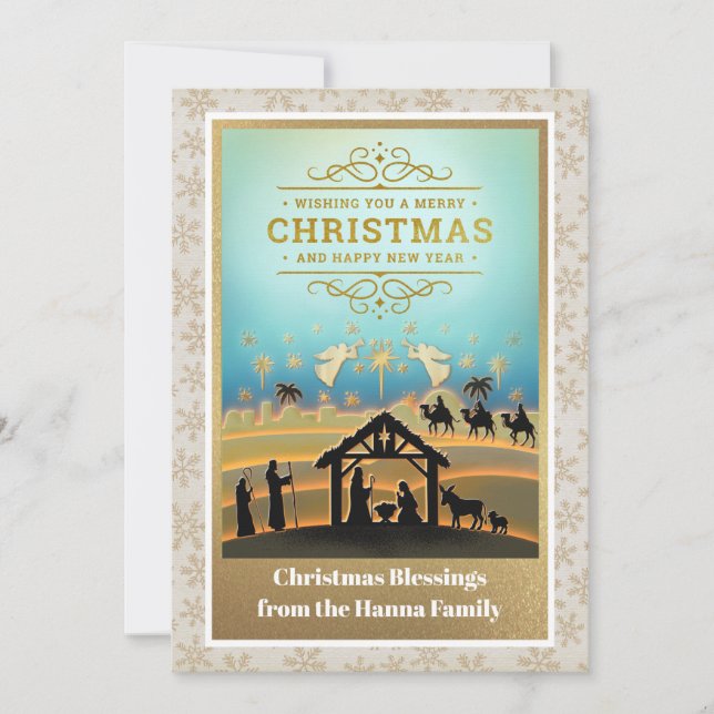 Cartes Pour Fêtes Annuelles Scène de Nativité "Joyeux Noël et Bonne Année" (Devant)