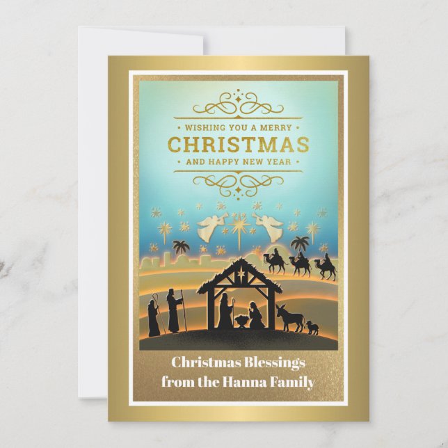 Cartes Pour Fêtes Annuelles Scène de Nativité "Joyeux Noël et Bonne Année" (Devant)