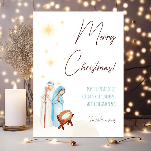 Cartes Pour Fêtes Annuelles Scène de Nativité moderne avec Bébé mignon Jésus (Cute nativity Christmas card with baby Jesus and personalized text)