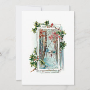 Cartes Pour Fêtes Annuelles Scène de neige Vintage et paisible avec Holly