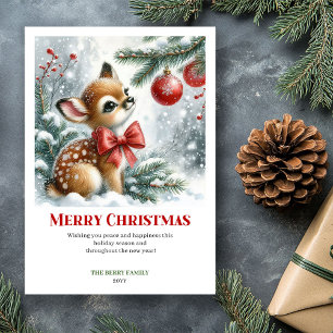 Cartes Pour Fêtes Annuelles Scène de Noël à l'aquarelle avec un bébé faon cosy