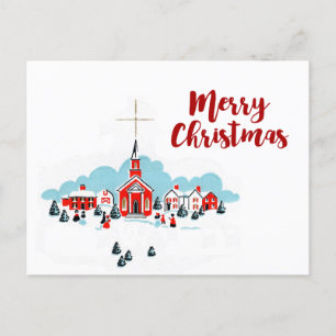Cartes Pour Fêtes Annuelles Scène de Noël avec une église rouge et étoile au-d