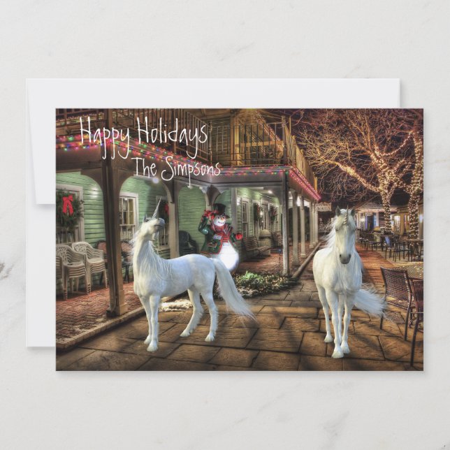 Cartes Pour Fêtes Annuelles Scène de vacances fantastique de licorne de Noël (Devant)