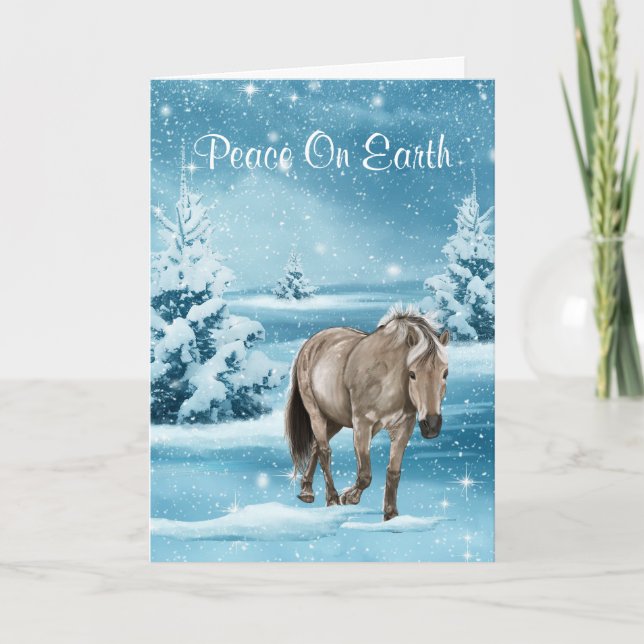Cartes Pour Fêtes Annuelles Scène D'Hiver Avec Cheval Neige Et Arbres Vacances (Devant)