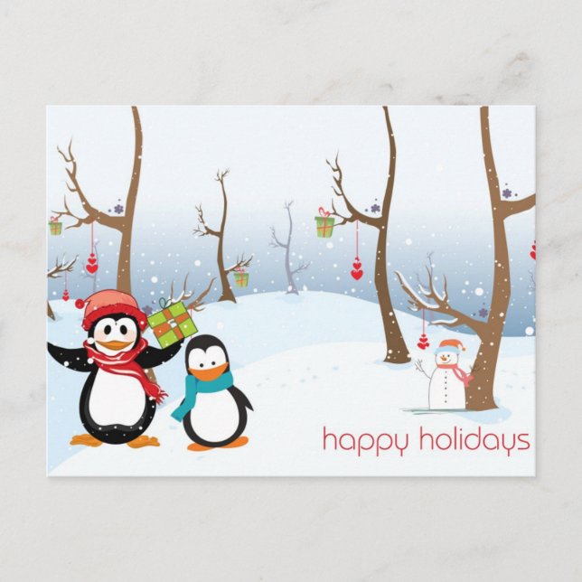 Cartes Pour Fêtes Annuelles Scène d'hiver des pingouins, Joyeuses fêtes (Devant)