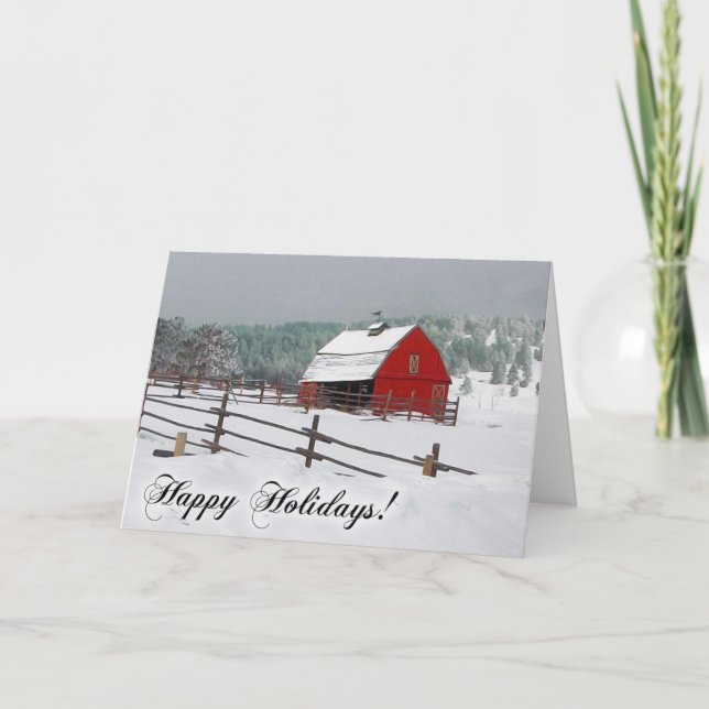 Cartes Pour Fêtes Annuelles Scène hivernale avec Grange Rouge, Joyeuses Fêtes (Devant)