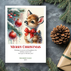 Cartes Pour Fêtes Annuelles Scène hivernale classique de faon bébé aquarelle N