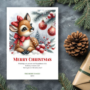 Cartes Pour Fêtes Annuelles Scène hivernale de bébé cerf à l'aquarelle Noël co