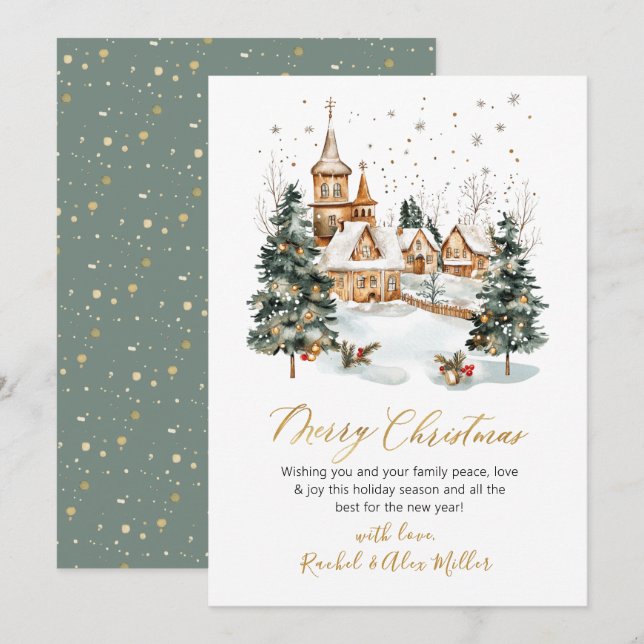 Cartes Pour Fêtes Annuelles Scène hivernale neigeuse Gold Script non photo Noë (Devant / Derrière)