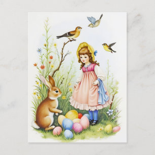 Cartes Pour Fêtes Annuelles Scène printanière avec fille, lapin et œufs de Pâq