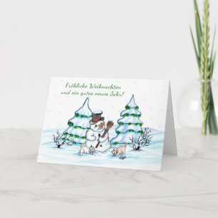 Cartes Pour Fêtes Annuelles Schneemann mit Katze und Hundewelpe auf Deutsch